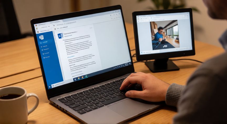 convertir word en jpg gratis, Persona usando un portátil para convertir un documento Word a formato JPG en pantalla