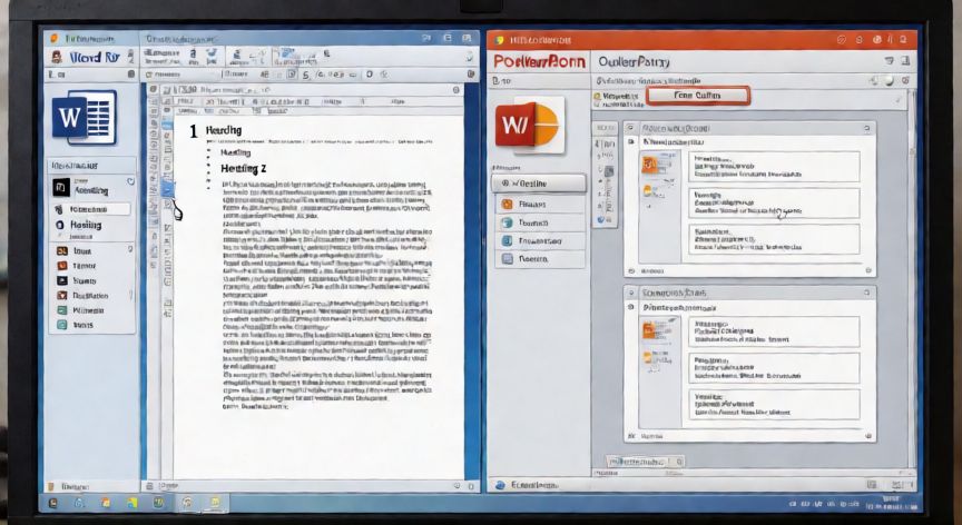 convertir word en powerpoint 2007, Pantalla dividida mostrando Word 2007 con estilos de encabezado y PowerPoint 2007 importando el esquema