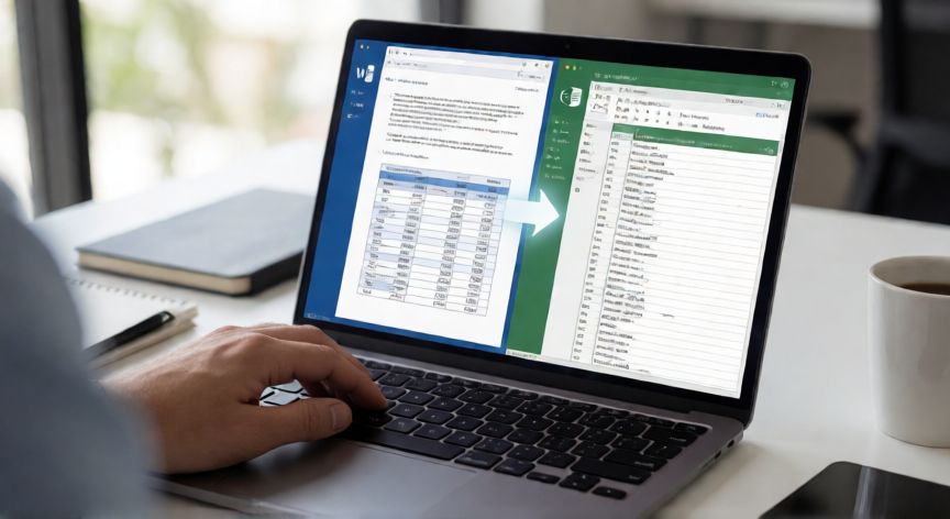 convertir word en xlsx, Persona copiando una tabla de Word a Excel en un portátil en una oficina moderna