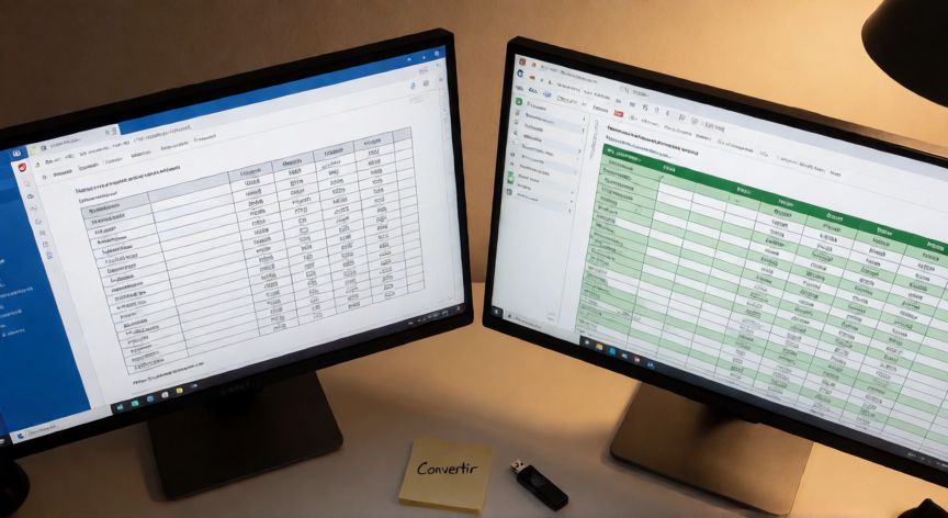 convertir word en xlsx, Dos monitores mostrando la conversión de una tabla de Word a Excel en un escritorio de oficina