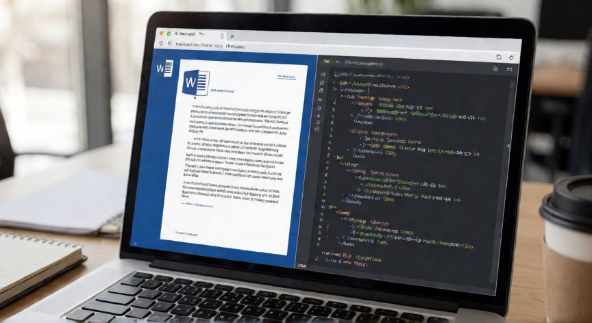 convertir word en xml, Pantalla de portátil mostrando un documento Word a la izquierda y código XML a la derecha sobre un escritorio de oficina