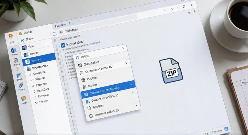convertir word en zip, Ventana del Explorador de Windows mostrando la opción de comprimir un archivo Word en ZIP