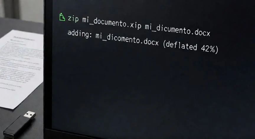 convertir word en zip, Terminal Linux ejecutando el comando zip para comprimir un archivo Word