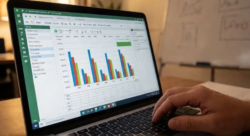 copilot en excel 365, Manos escribiendo una instrucción en la barra de fórmulas de Excel mientras Copilot genera un gráfico de barras automáticamente