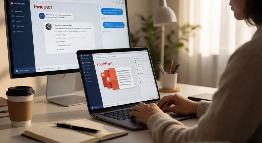 copilot en powerpoint gratis, Persona usando Copilot en su portátil para crear una presentación en PowerPoint