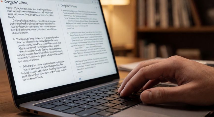 copilot en word 365, Manos escribiendo en un portátil con vista de comparación de textos reescritos por Copilot en Word