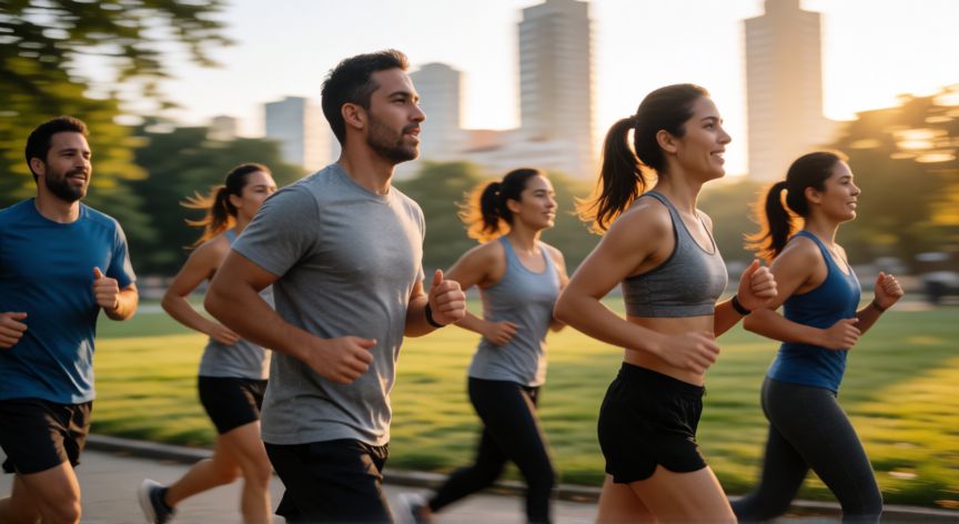 correr es la mejor forma de bajar de peso, Grupo de personas corriendo en un parque urbano al amanecer