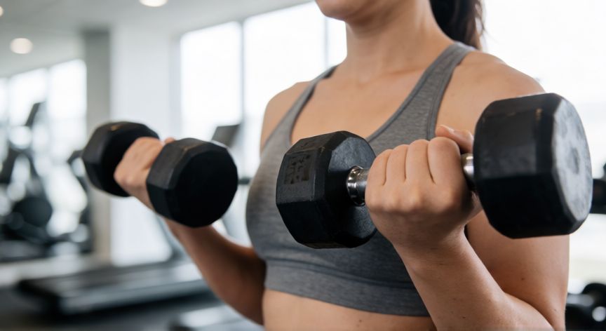 correr es la mejor forma de bajar de peso, Persona realizando ejercicio de fuerza con mancuernas en un gimnasio