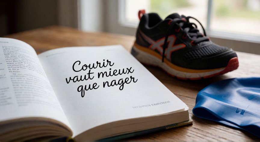 correr es mejor que nadar en frances, Libro de francés abierto con la frase traducida y accesorios deportivos