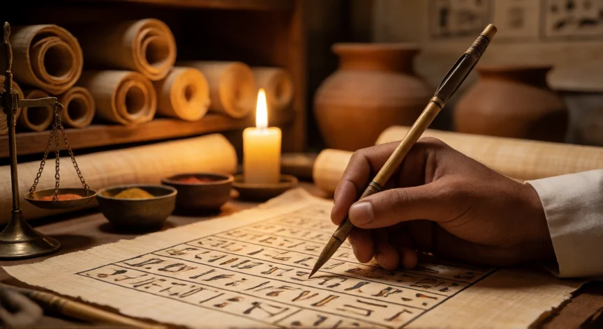 cosas importantes que hicieron los egipcios, Escriba egipcio escribiendo jeroglíficos sobre papiro con luz de vela en un archivo antiguo