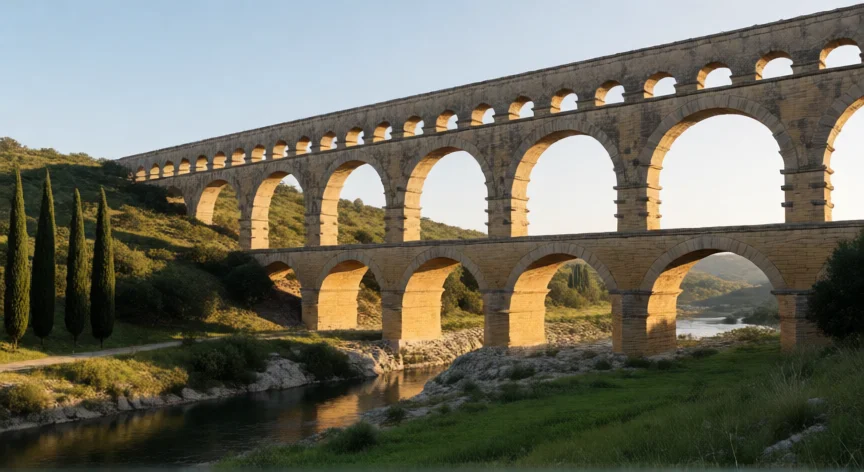 cosas importantes que hicieron los romanos, Acueducto romano de tres niveles en el valle con vegetación mediterránea