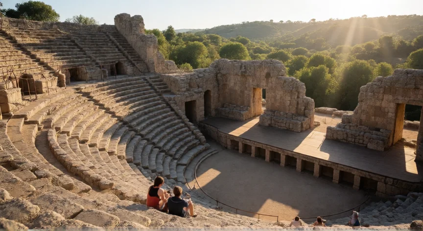 cosas que hicieron los romanos en españa, Interior del Teatro Romano de Mérida con sus gradas de piedra y colinas al fondo