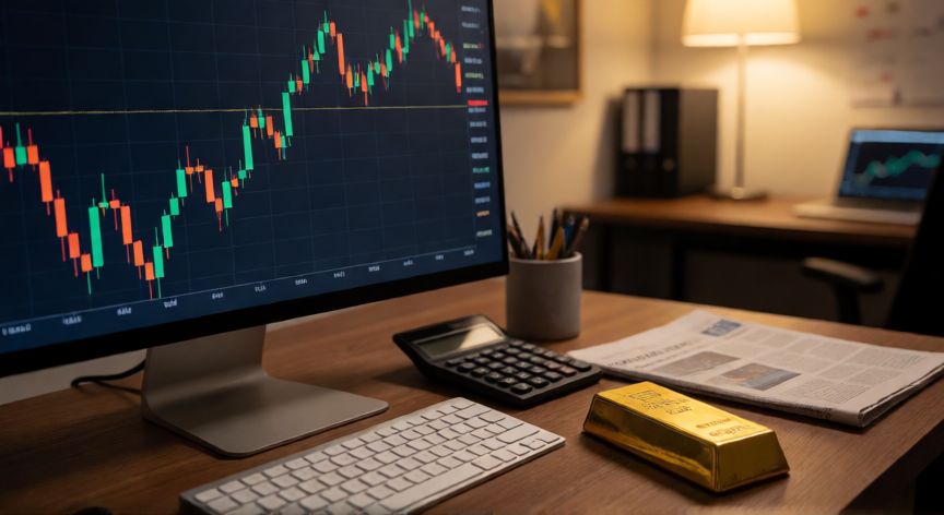 cotizacion oro  agosto 2026., Gráfico de cotización del oro en agosto 2026 sobre un escritorio de trading
