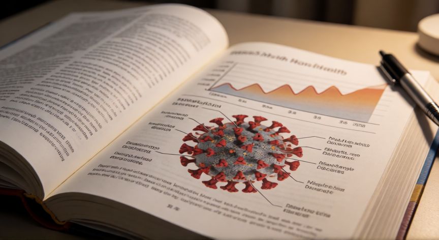 covid 19 10th class result, Libro de texto abierto con diagramas del coronavirus y estadísticas de salud