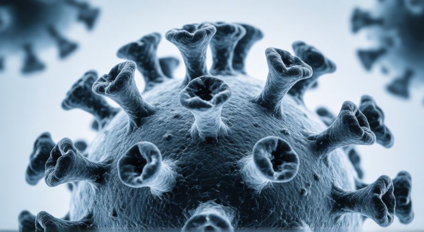 covid 19 19 meaning, Vista microscópica de una partícula de coronavirus con sus pinnas características