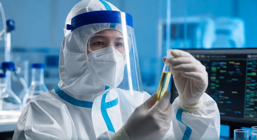 covid 19 1st case, Científico analizando muestras de coronavirus en un laboratorio de alta seguridad