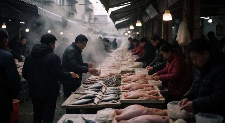 covid 19 1st case in china, Mercado húmedo de Huanshankou en Wuhan asociado al origen del brote
