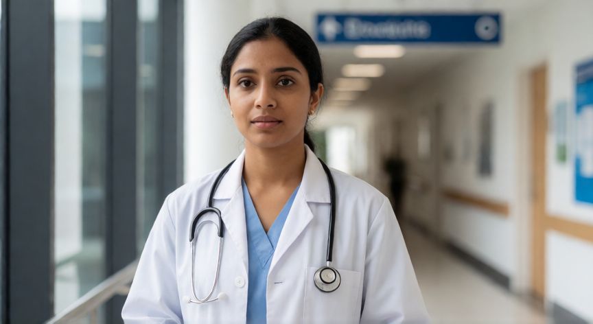 covid 19 1st case in india, Estudiante de medicina india en un pasillo del hospital
