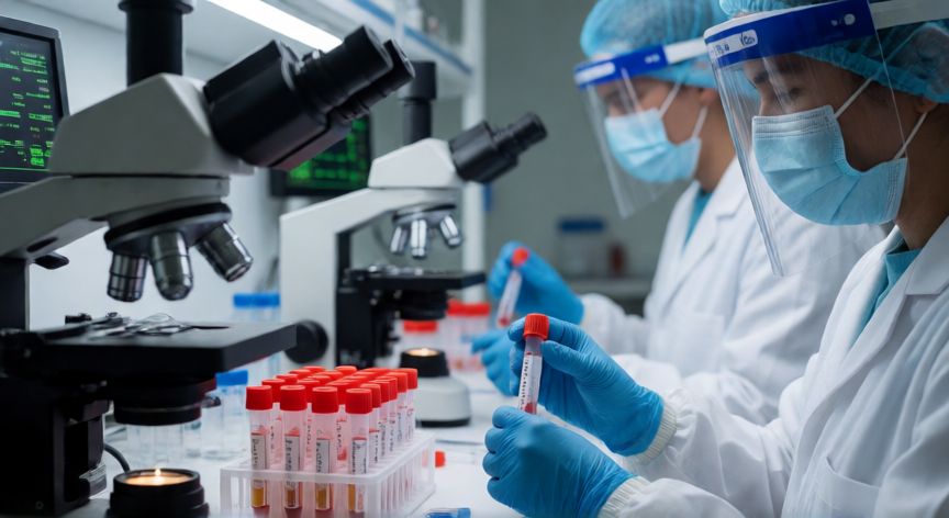 covid 19 1st case in india, Científicos indios realizando pruebas PCR en un laboratorio