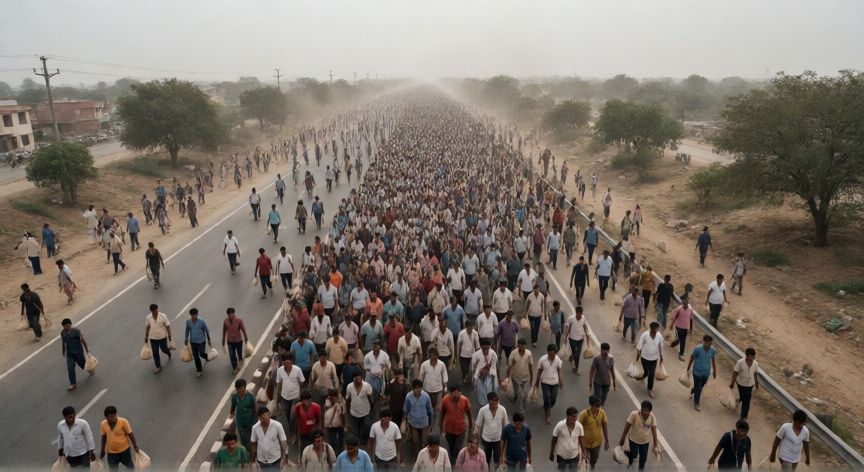 covid 19 1st lockdown date in india, Multitud de trabajadores migrantes caminando por una autopista vacía en la India durante el confinamiento de 2020