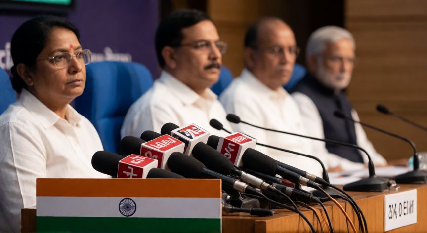 covid 19 1st lockdown date in india, Sala de prensa del gobierno indio durante el anuncio oficial del confinamiento nacional