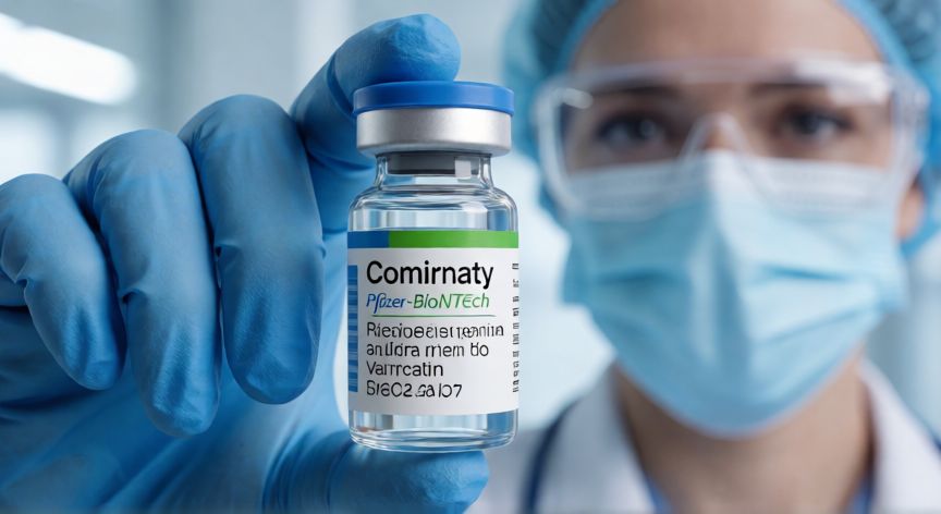 covid 19 1st vaccine name, Vial de vacuna Comirnaty de Pfizer-BioNTech en un centro de salud moderno