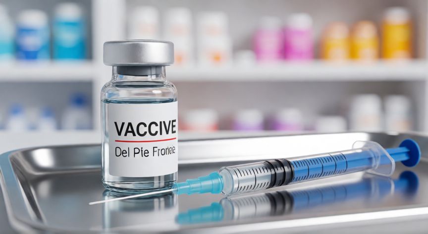 covid 19 2021, Jeringa y vial de vacuna antiviral sobre bandeja médica estéril