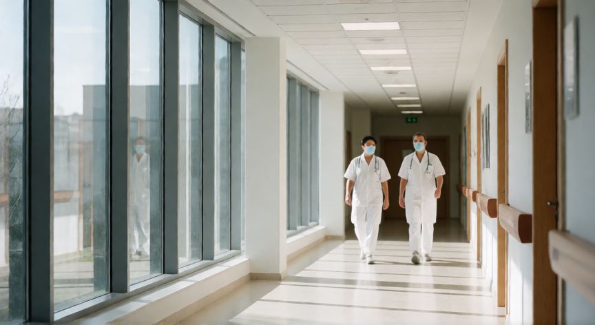 covid 19 2022, Corredor de hospital en España durante la pandemia de 2022 con personal sanitario