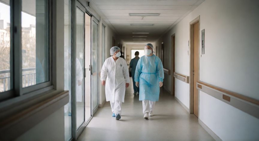 covid 19 2026 argentina, Personal médico caminando por un pasillo de hospital moderno en Argentina durante la gestión sanitaria post-pandémica