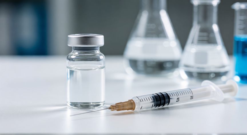 covid 19 30 vaccine, Vial de vacuna y jeringa en un entorno de laboratorio médico