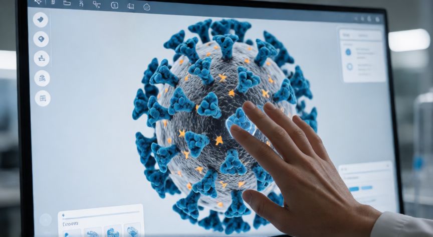 covid 19 3d, Investigador analizando un modelo 3D interactivo del coronavirus en una pantalla digital