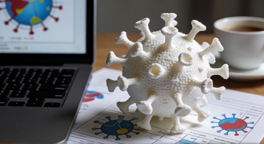 covid 19 3d model, Réplica impresa en 3D del coronavirus sobre un escritorio de trabajo