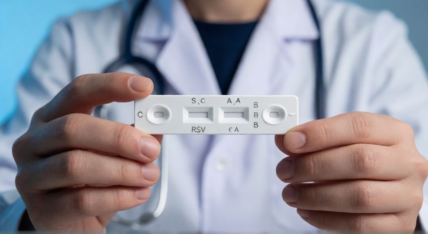 covid 19 4 in 1 rapid antigen diagnostic test, Test rápido de antígeno 4 en 1 en manos de un profesional sanitario