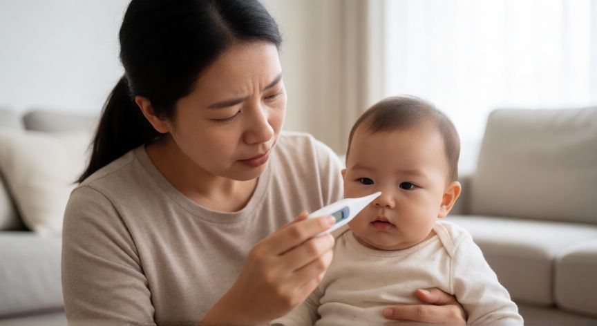covid 19 4 month old baby, Madre midiendo la temperatura de su bebé con un termómetro digital