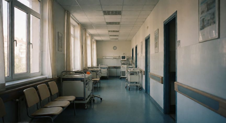 covid 19 5 años, Pasillo de hospital desalojado simbolizando la calma post-pandemia