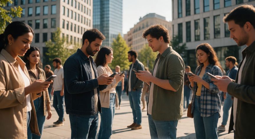 covid 19 5 años, Personas en una plaza urbana interactuando tras la pandemia