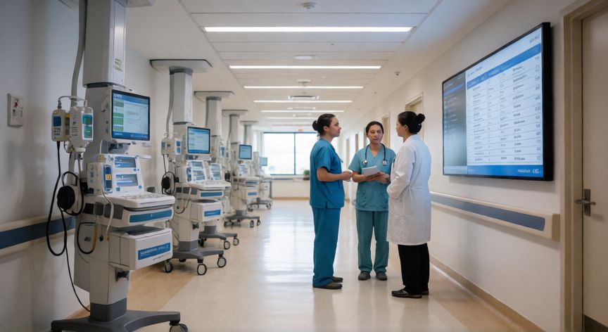 covid 19 5 años despues, Personal médico en pasillo de hospital moderno con tecnología avanzada