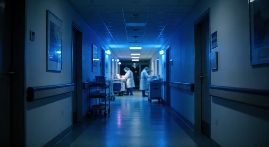 covid 19 5 facts, Corredor de hospital moderno con iluminación azulada y personal médico al fondo