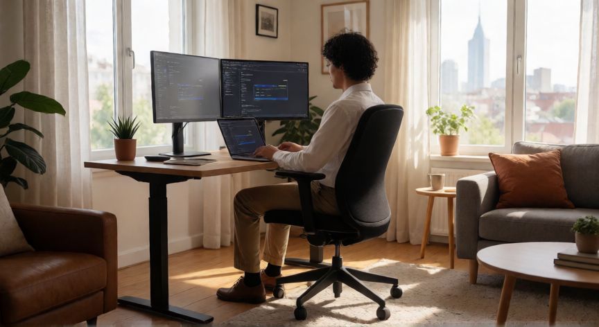 covid 19 5 facts, Espacio de trabajo en casa moderno con vista a la ciudad y equipo de doble monitor