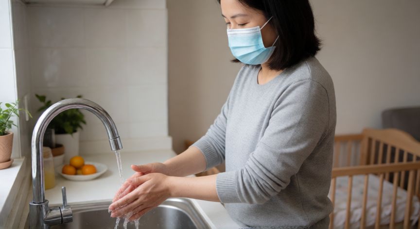 covid 19 5 month old baby, Madre lavándose las manos con mascarilla para prevenir contagios al bebé en casa