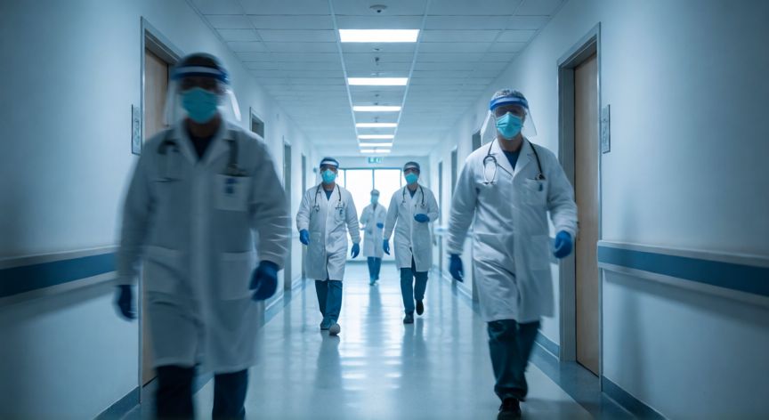 covid 19 5 years, Personal sanitario en un pasillo de hospital durante la pandemia