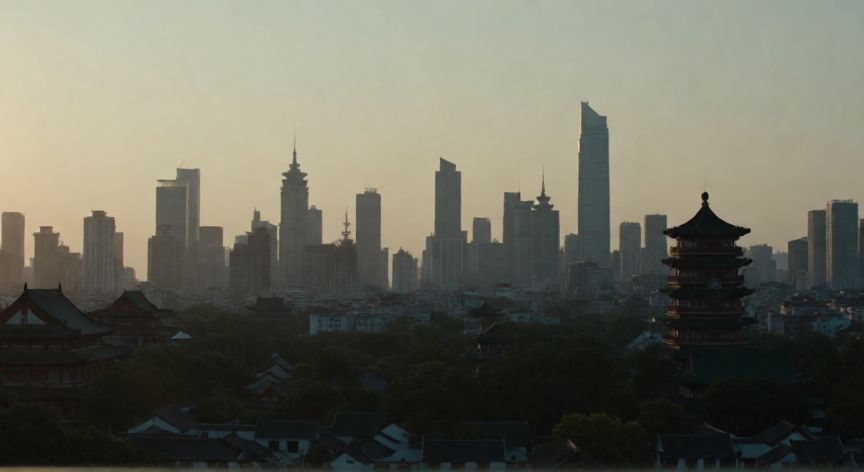 covid 19 5 years ago, Vista panorámica de la ciudad de Wuhan al atardecer, representando el inicio de la pandemia hace cinco años
