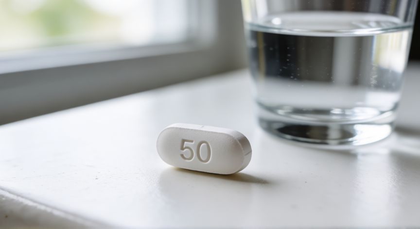 covid 19 50p, Pastilla blanca de Cinacalcet 50 mg sobre una superficie limpia junto a un vaso de agua