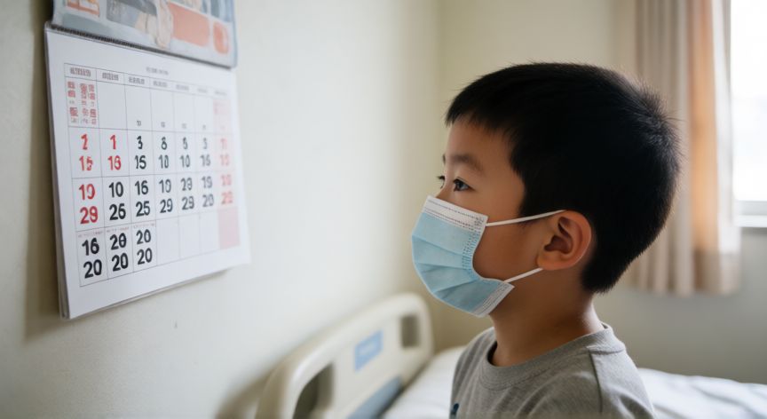 covid 19 6 años, Niño de 6 años con mascarilla mirando calendario médico en consulta