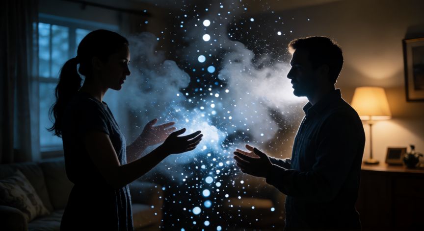 covid 19 6 feet away, Visualización artística de partículas de aerosol flotando en el aire entre dos personas en un interior