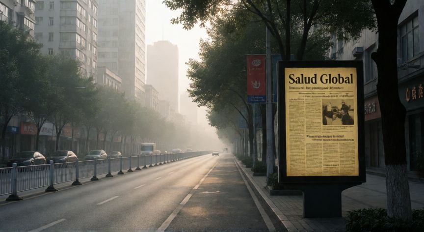 covid 19 6 years, Calle vacía en la ciudad de Wuhan al amanecer con un anuncio digital