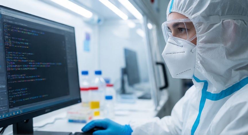 covid 19 6 years ago, Científico analizando datos genómicos en un laboratorio de alto nivel de contención
