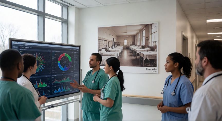 covid 19 6 years later, Profesionales de la salud analizando datos genómicos en un hospital moderno