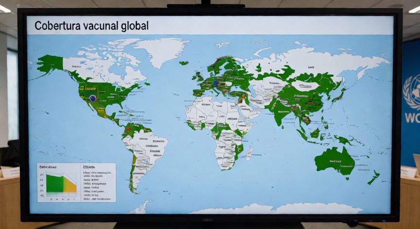 covid 19 6th anniversary, Mapa mundial con datos de cobertura vacunal contra la COVID-19 en una sala de conferencias