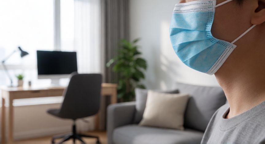 covid 19 7 days, Persona usando mascarilla en casa siguiendo las medidas de prevención contra el coronavirus